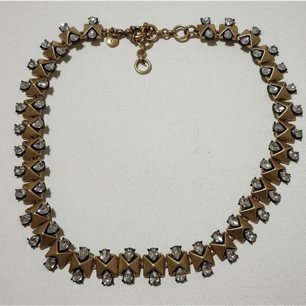 J. Crew Gold Tone Pyramid Stud and Crystal Teardrop Statement Collar Necklace